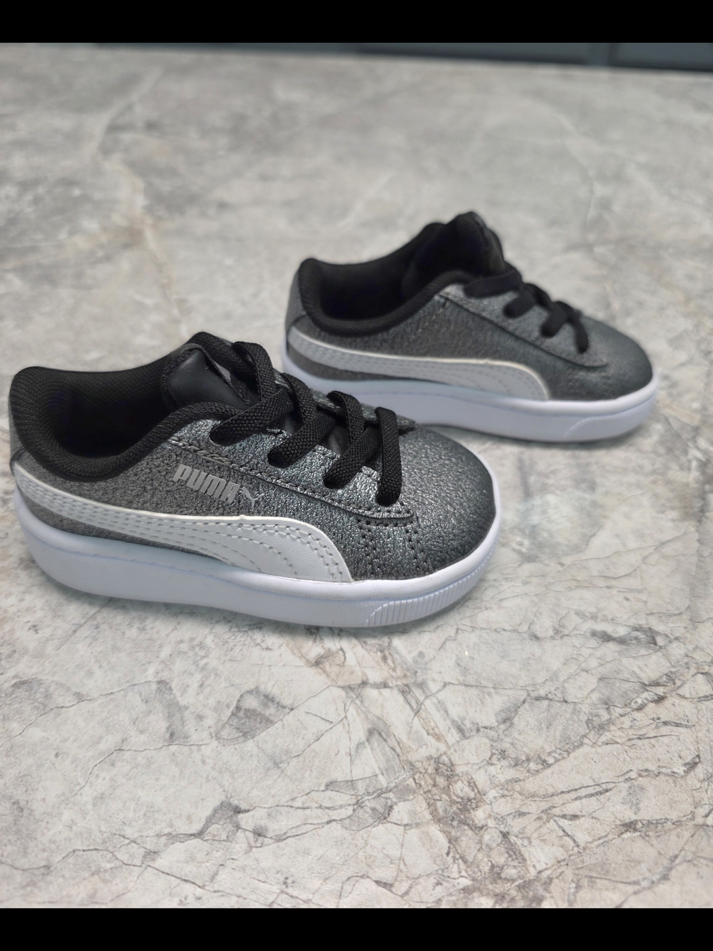 Girls Puma Kids' Black Shimmer & White Sneakers